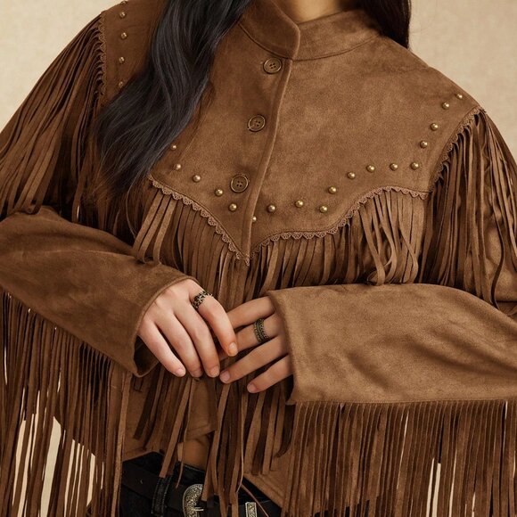Brown Casual Women's Faux Suedette Jacket with Fringes - Picture 6 of 7